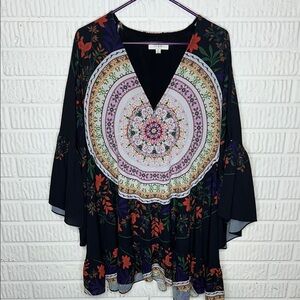 Umgee Floral Bohemian Black Top